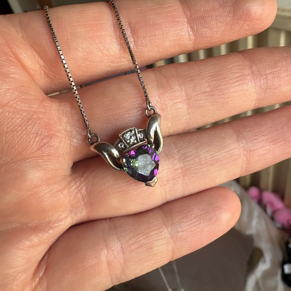 Elegant Sterling Silver and Mystic Topaz Claddagh Necklace